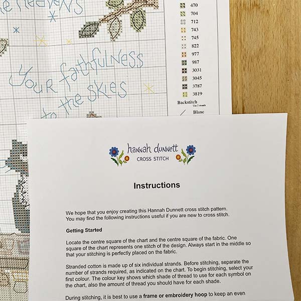 Hannah Dunnett Your Love Lord Reaches to the Heavens Cross Stitch Kit instructions
